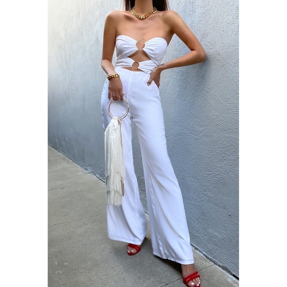 Runaway The Label Pants - Runaway The Label Etta Jumpsuit XS US 2 White Wide Leg Strapless Ring Detail